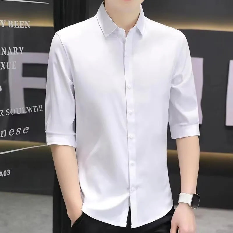 Men's slim-fit half-sleeve shirt in a linen-silk blend, shown in a solid colour with three-quarter length sleeves.