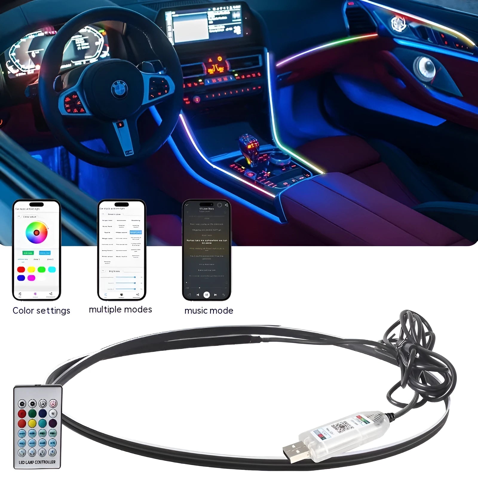 Car interior ambient lighting kit with LED strips, remote control, and smartphone app display showing colour customisation options