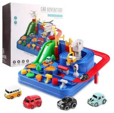 Parking lot rail car toy track set with plastic trolley cars and handle control system