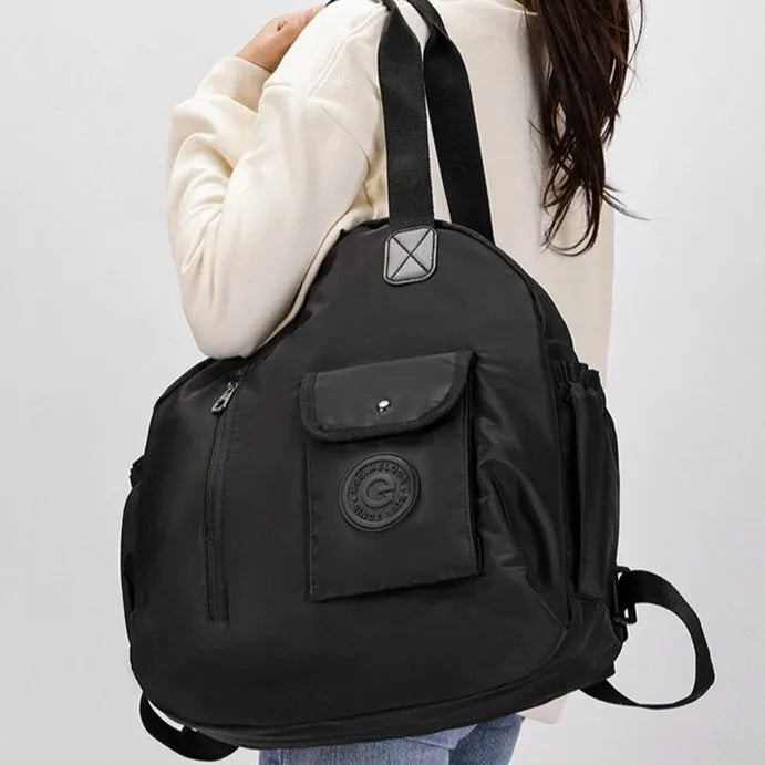 Large black nylon outdoor backpack with sandwich pocket, showing dimensions of 48cm height.