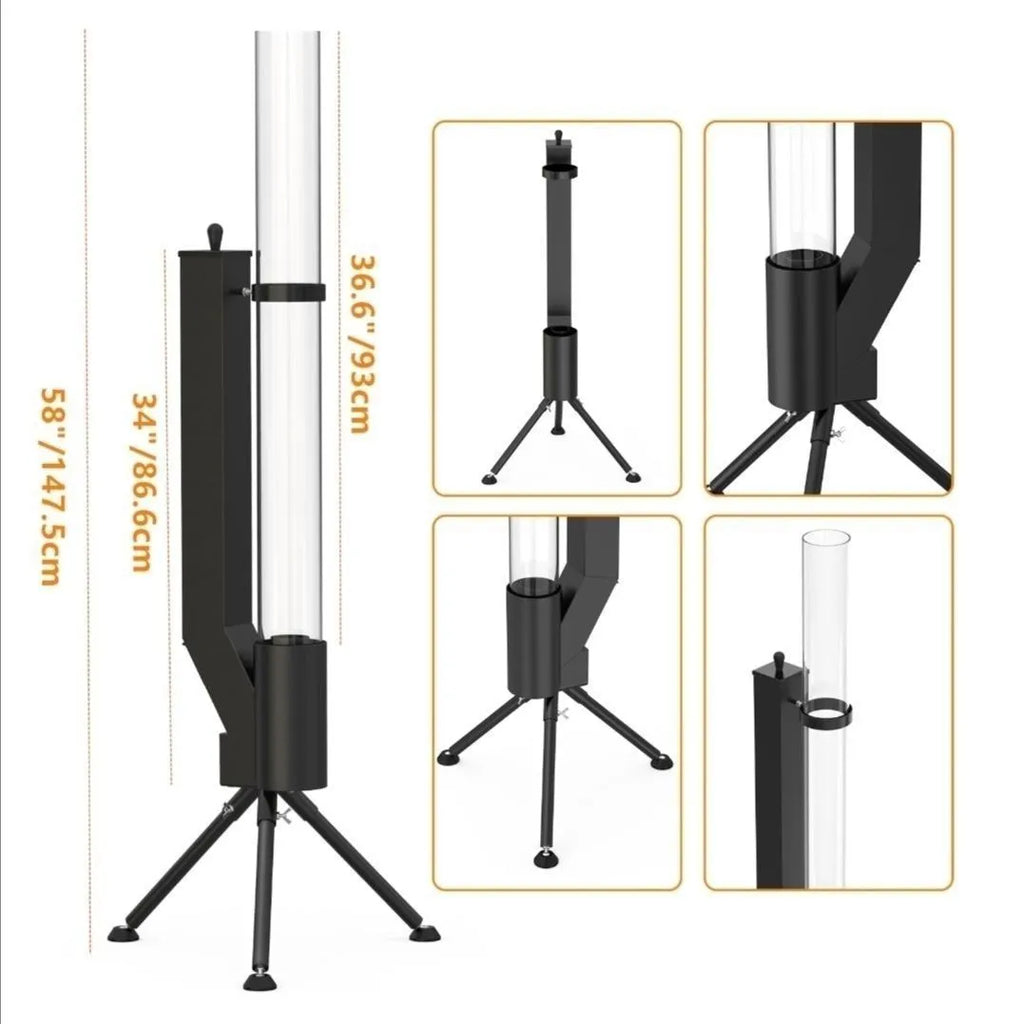 Vertical iron wood burning rocket furnace for courtyard heating with integrated stove design