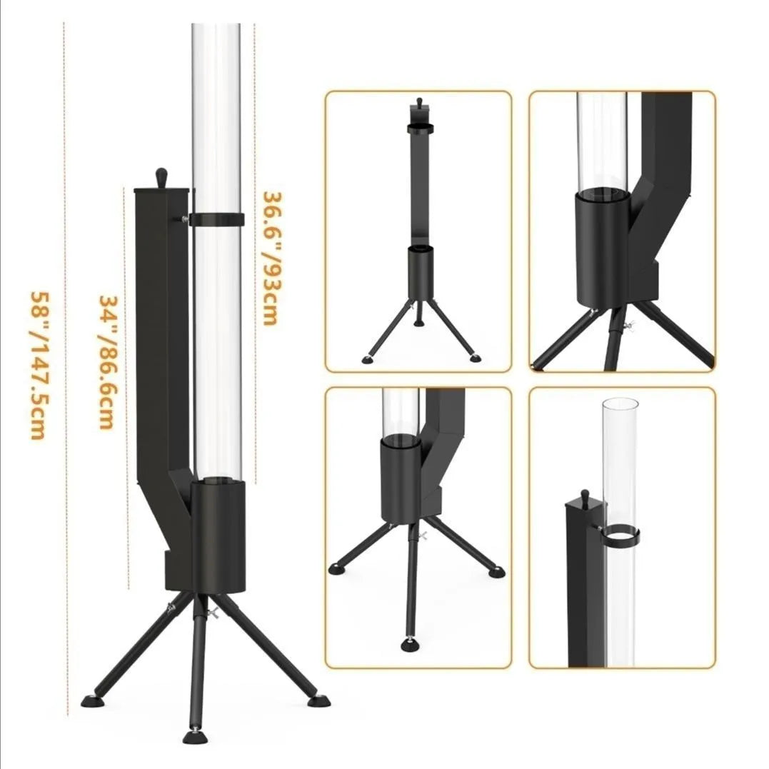 Vertical iron wood burning rocket furnace for courtyard heating with integrated stove design