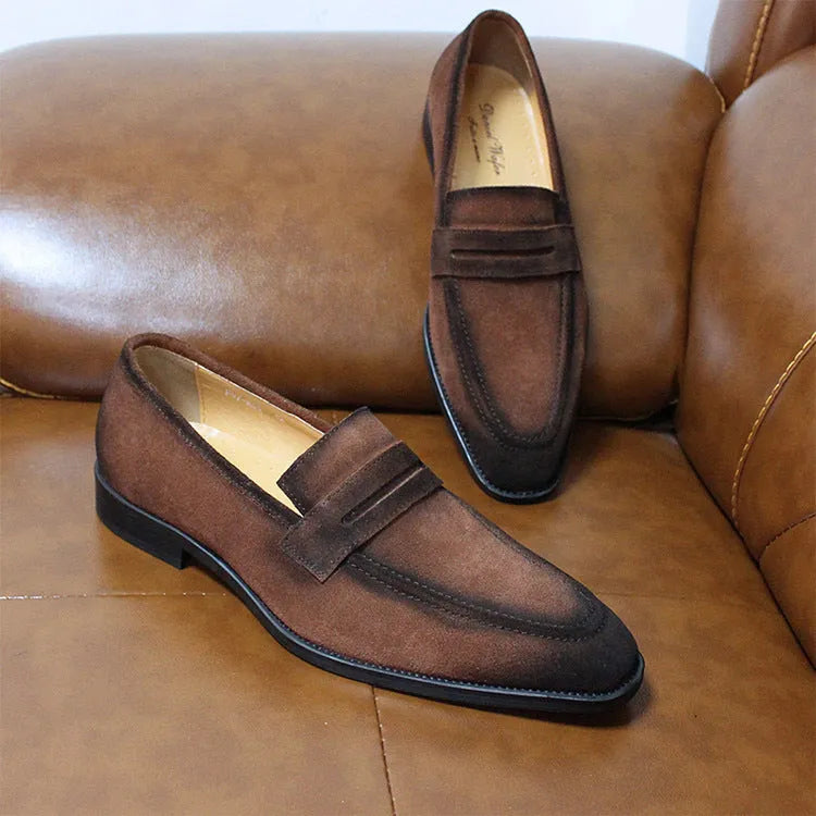 Men's cowhide leather lazy breathable slip-on casual shoes in black and brown with rubber sole