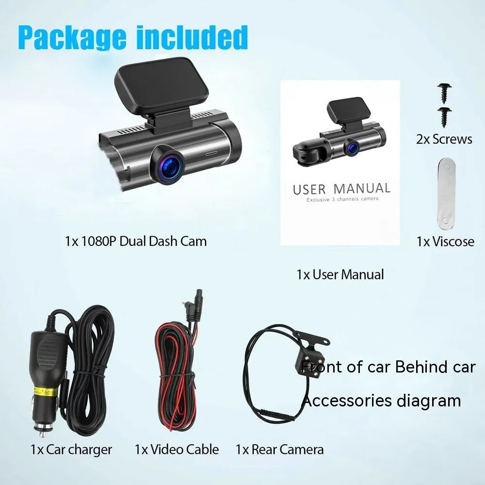 Dual-lens HD driving recorder with 3.5-inch screen mounted on car dashboard