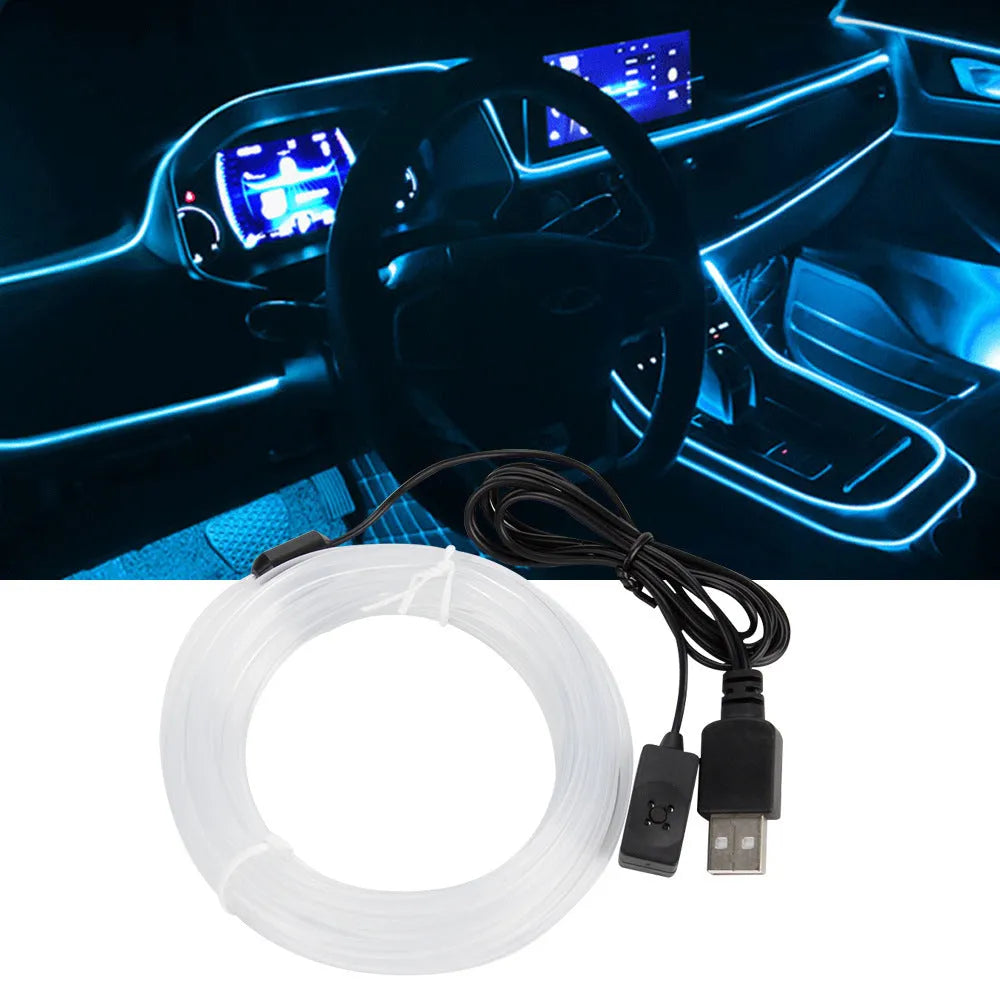 USB-powered multicolour LED car ambience light strip in flexible PVC, shown in lengths from 1 to 5 metres.