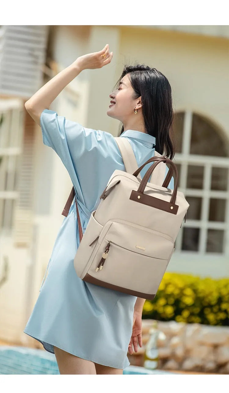 Women's large capacity backpack in apricot colour with adjustable shoulder straps