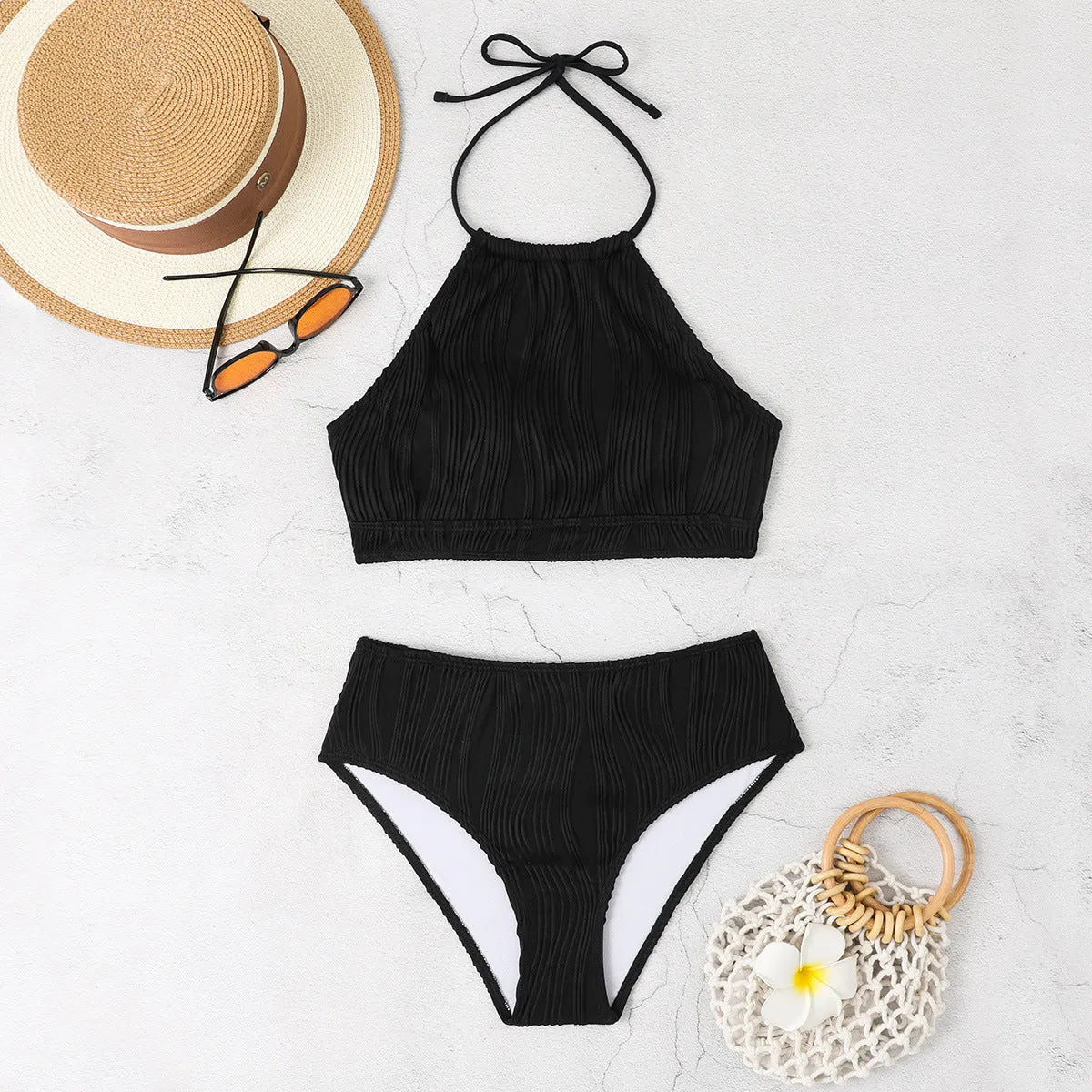 Women's high-waist apron style conservative swimsuit in solid colour.