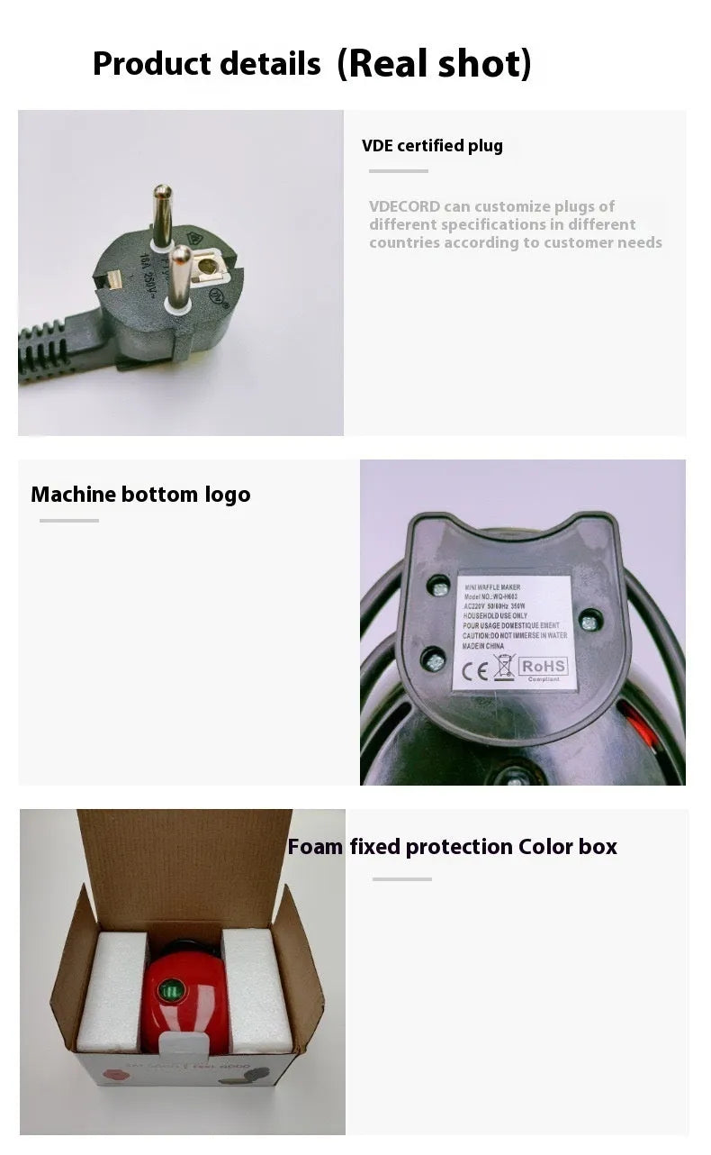 Mini waffle machine in white, 16.5cm tall, with electric heating tube and UK plug, on a countertop