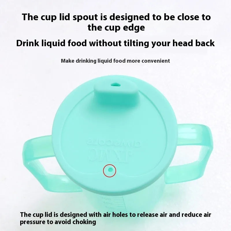 A white PP plastic choke proof drinking cup with a lid and handle for elderly and pregnant adult bed care.