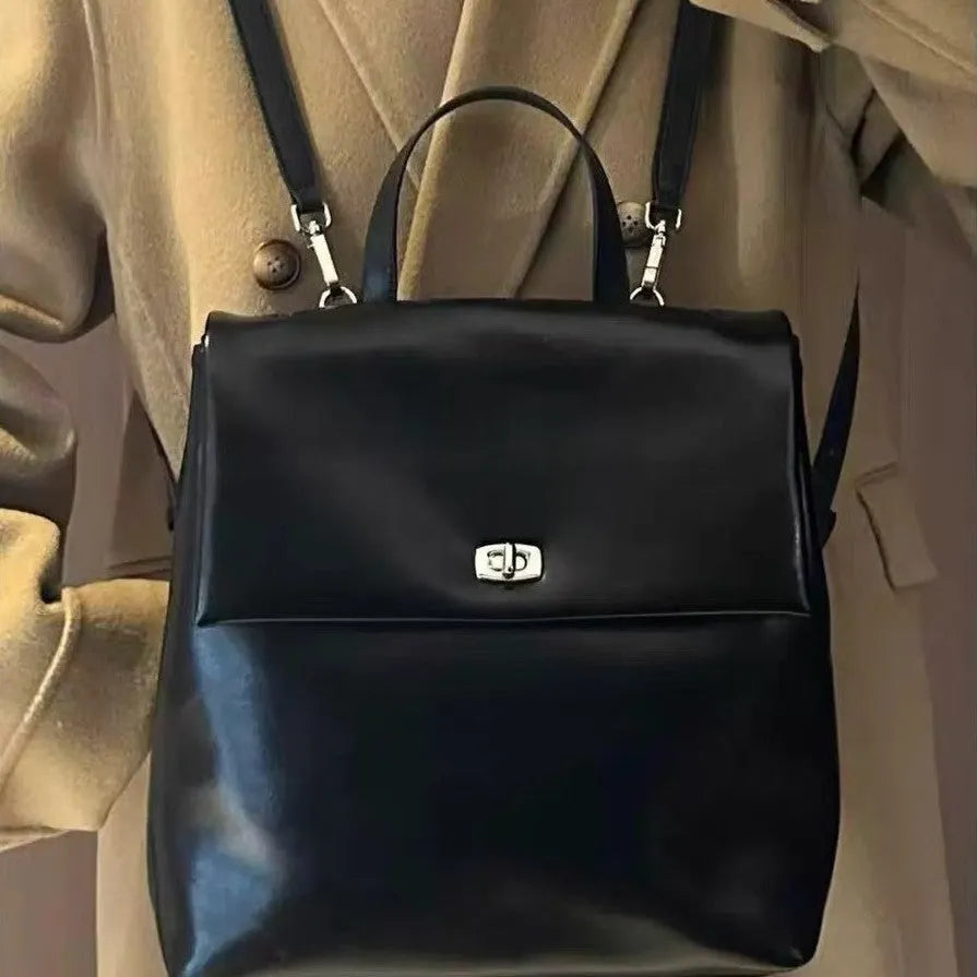 Korean style retro oil wax leather backpack in black, PU leather, 31x30x15cm, street trend everyday bag