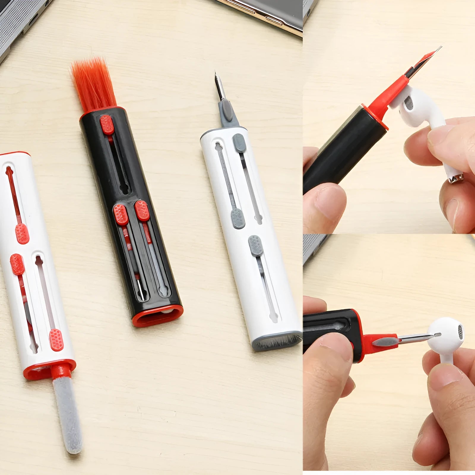 AirPods Pro cleaning pen kit with white and red double-headed design, showing brush and sponge tools.