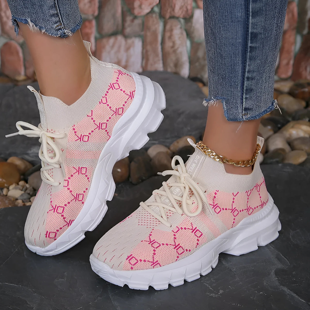Women's breathable mesh lace up flat sneakers in light brown with rubber sole and round toe