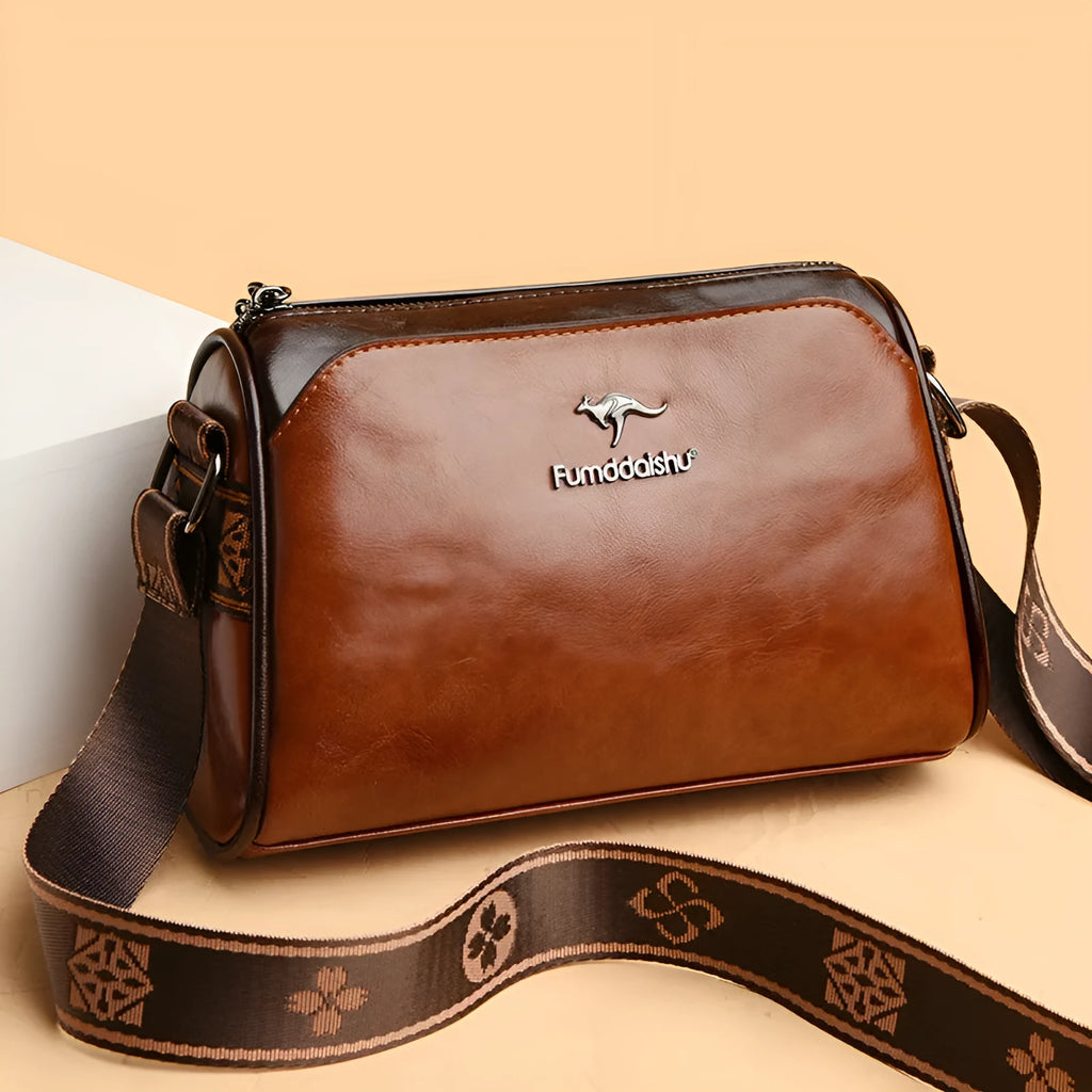 Oil wax leather women's crossbody bag with double-sided design and sandwich pocket in beige