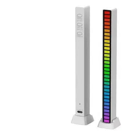 Voice control music rhythm light bar with acrylic shell, 180 x 16 x 19 mm, black or white, USB or battery.