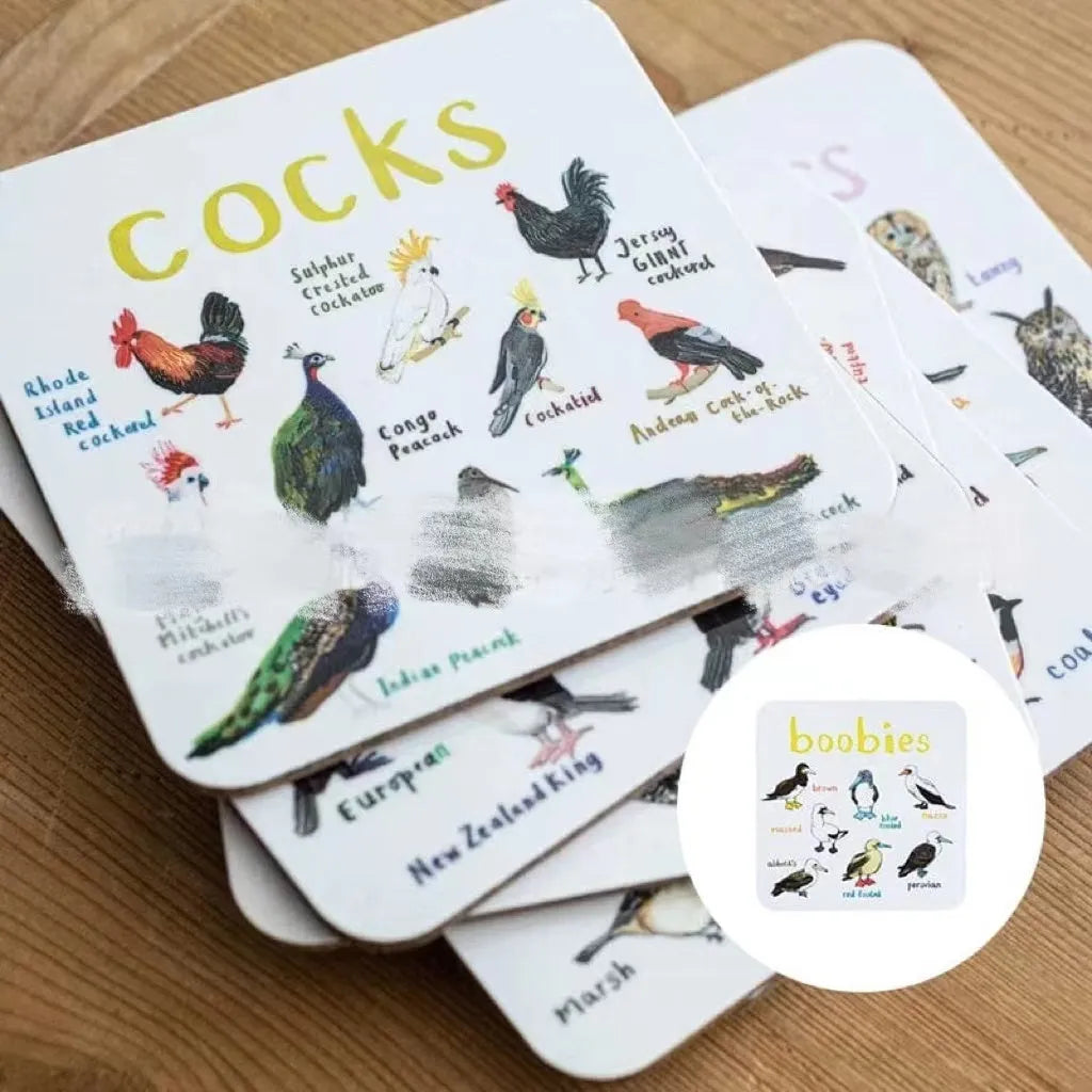 Set of 6 square bird pun coasters with PVC material, flower design, 10x10x0.35 cm each