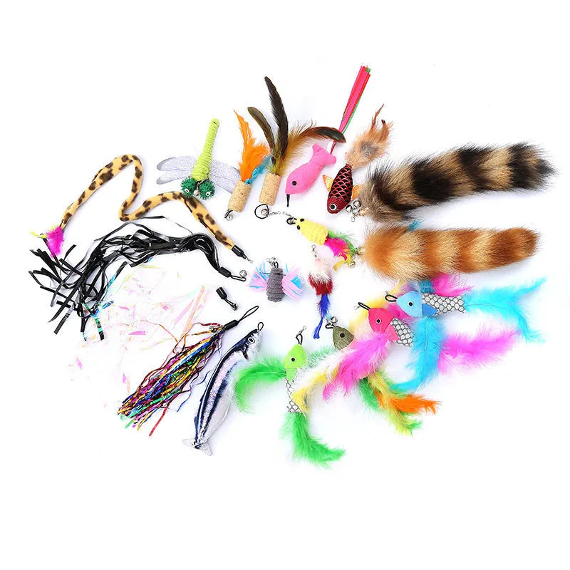 Adjustable cat teasing pole with feather attachment heads for interactive play