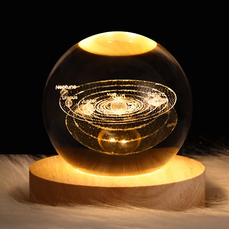 6cm galaxy crystal ball LED night light showing 3D planet patterns with USB power cable