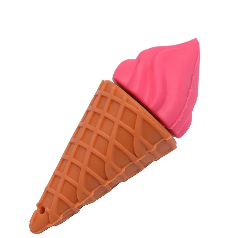Mini ice cream shaped USB flash drive in pink colour on a white background.