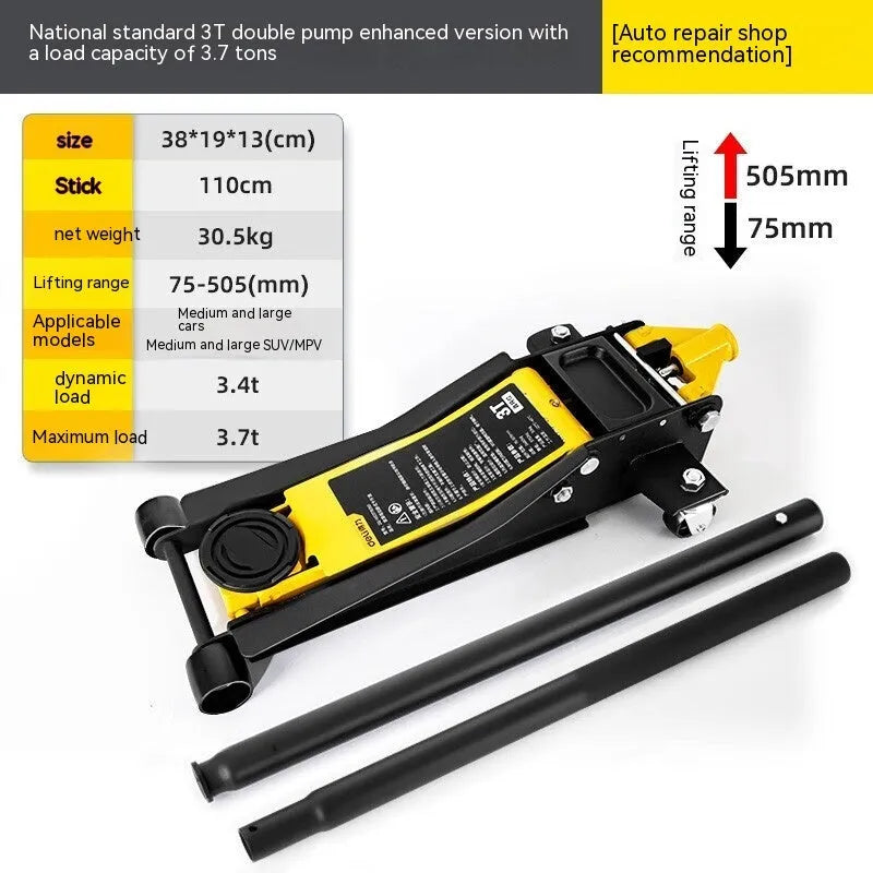 Horizontal hydraulic car lifting jack for low vehicle tyre changes with handle