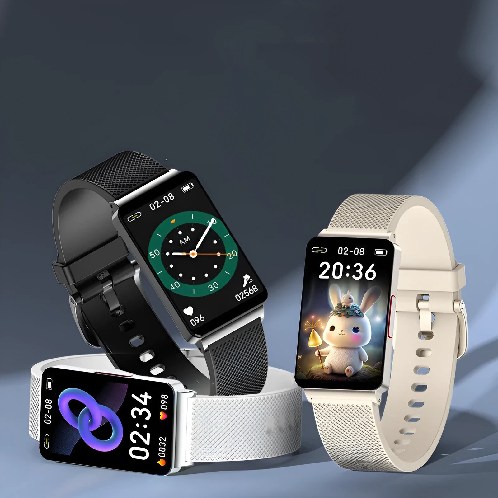 EP08 smart glucose bracelet in black gold silver colours with TPU strap and USB charger