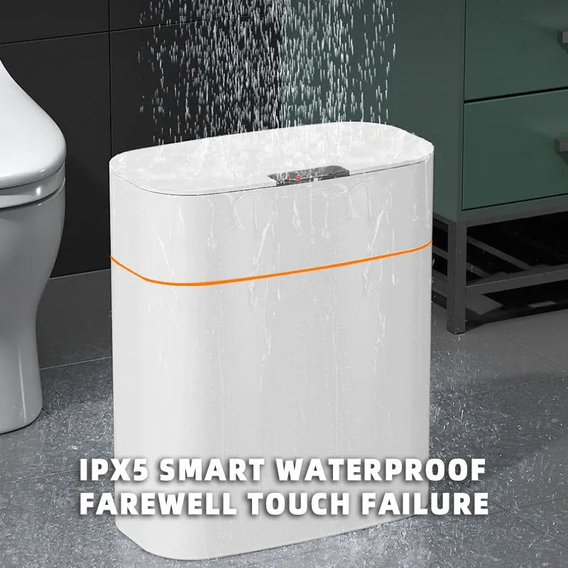 White induction smart trash can with automatic lid on a kitchen floor.