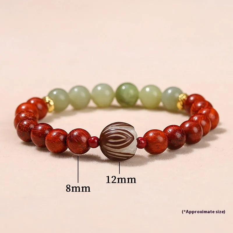 Red rosewood and grey jade Chinese style bracelet with Bodhi lotus design, showing 8mm and 12mm beads