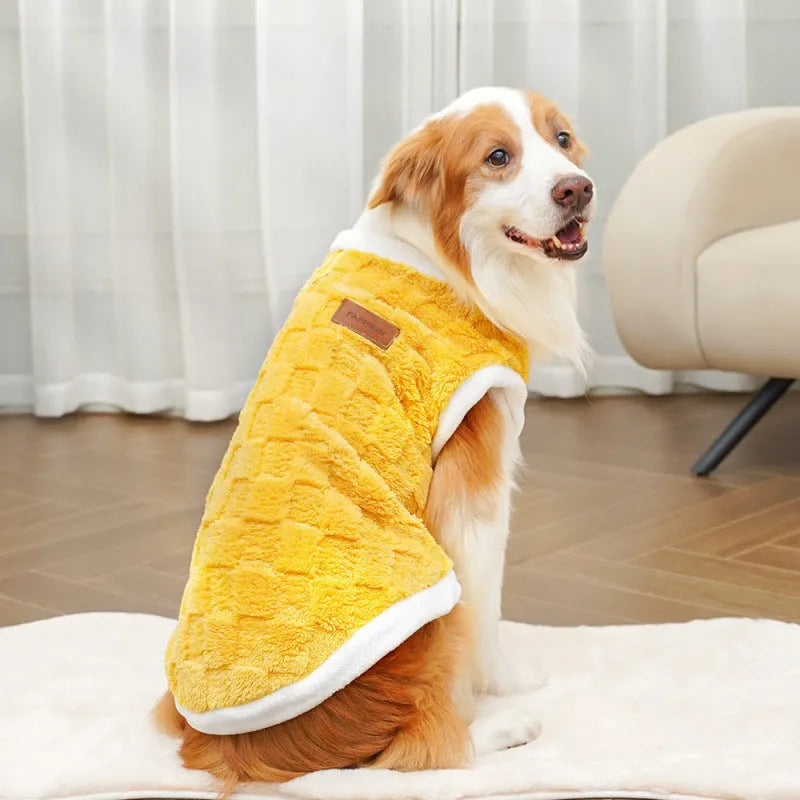 Pet autumn winter cotton dog coat with coral fleece lining in yellow square grid pattern, size M, shown on small dog