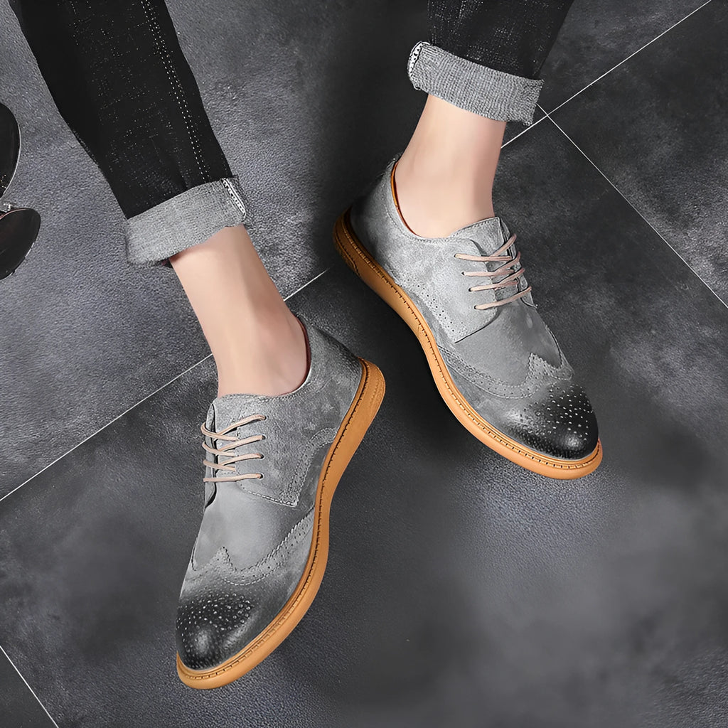 Men's black genuine cowhide leather business lace-up shoes with a rubber sole.