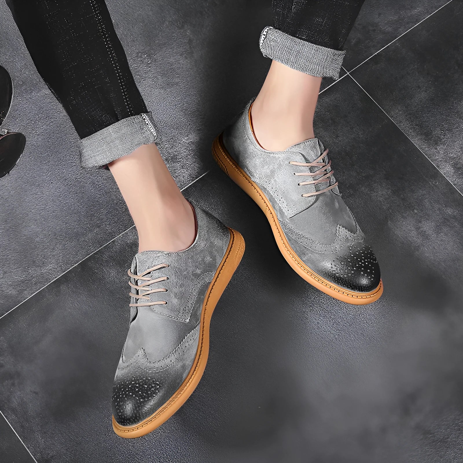 Men's black genuine cowhide leather business lace-up shoes with a rubber sole.