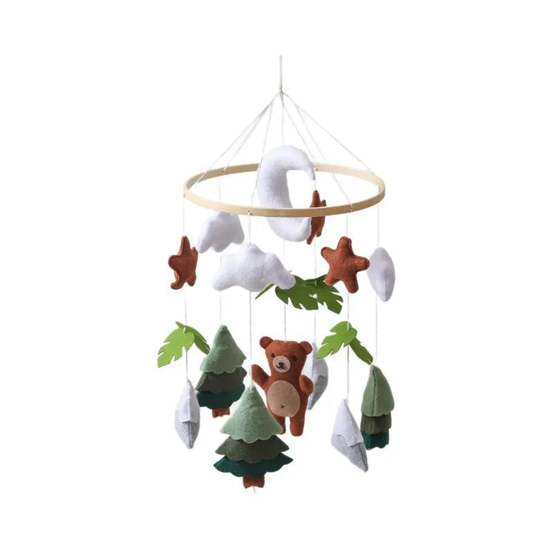 Handmade felt teddy bear bed bell for children in white, made from wood and felt, supplied in a leather paper box