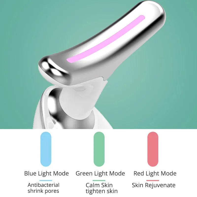 White EMS thermal neck massager device with LED lights on a skincare stand.