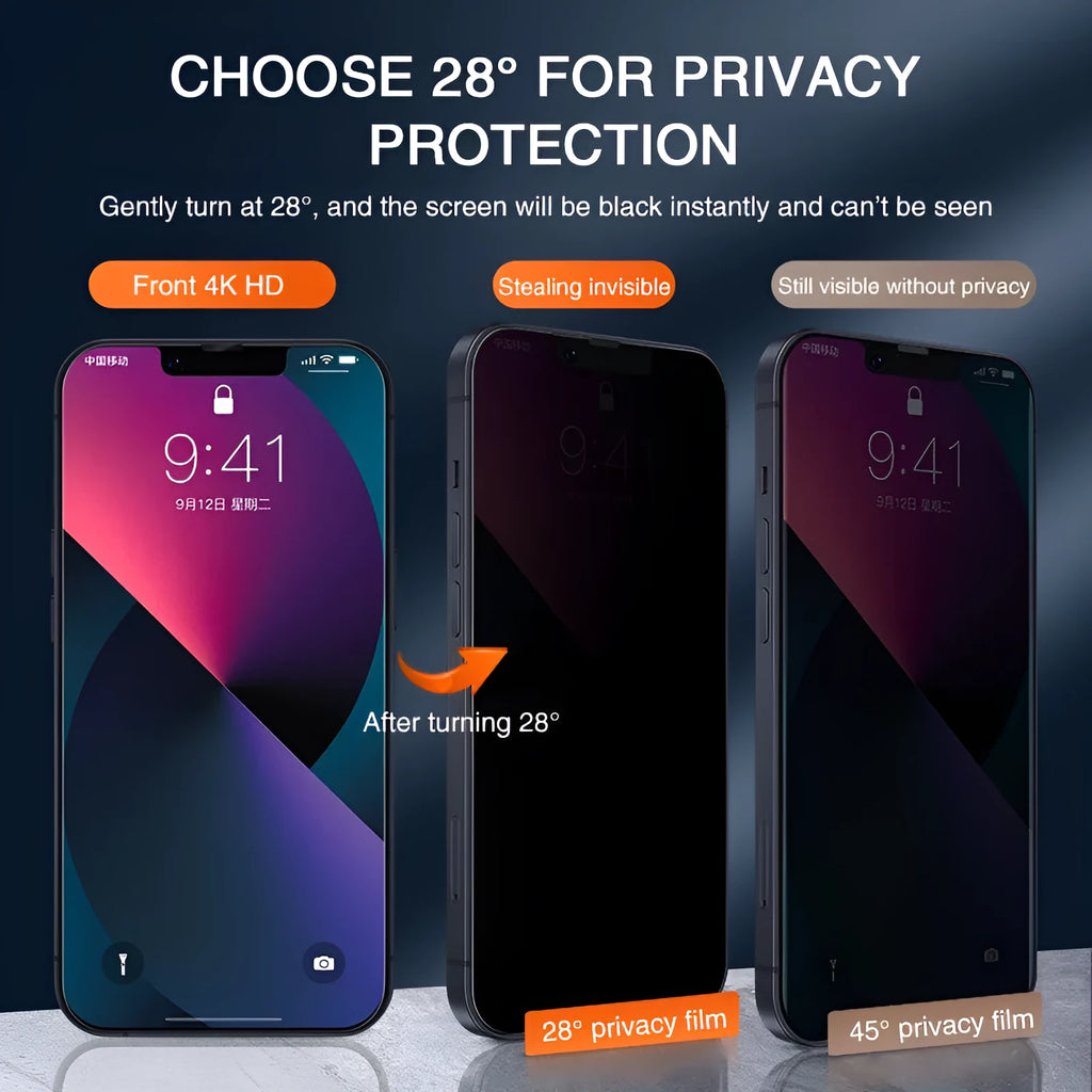 Anti-peeping tempered glass screen protector for iPhone shown with privacy angle effect.
