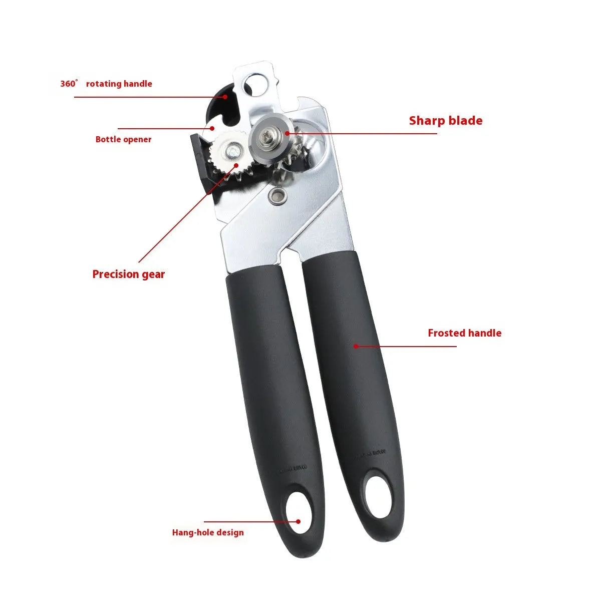 Black PP and iron plating can opener and bottle opener 18.5 x 5 cm on white background