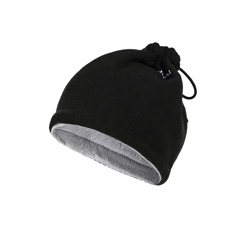 Outdoor plush hat with bib neck protection in dark grey, dome crown, cotton fabric, one size 55-60cm