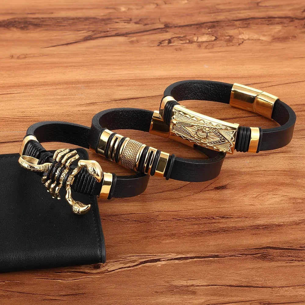 Titanium steel woven skeleton bracelet for men, scorpion design, 21cm length, gold colour