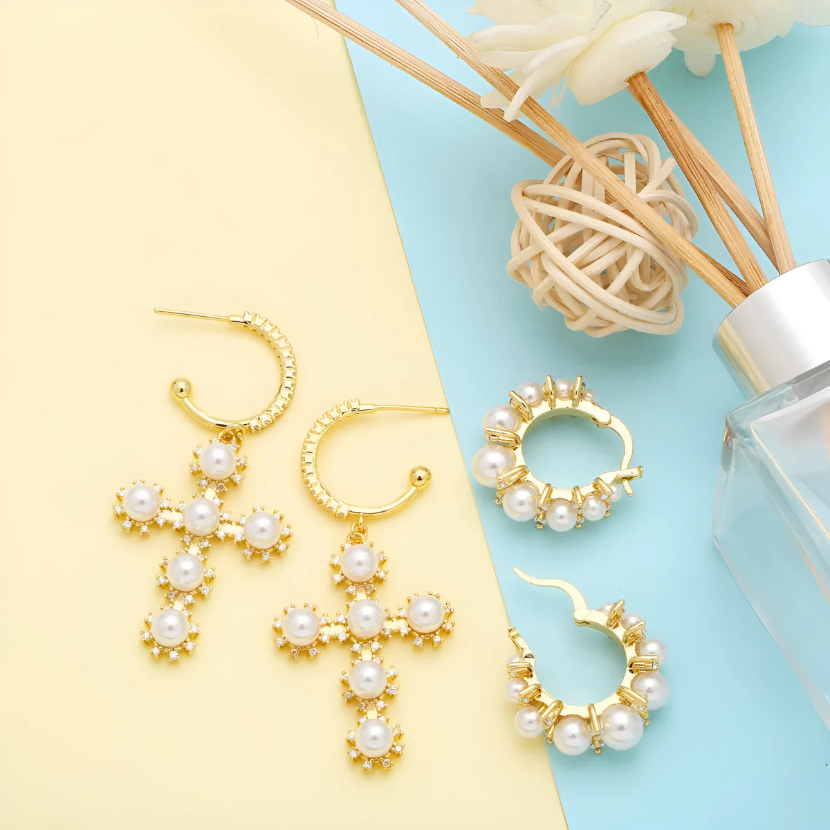 Geometric circle cross ear clip earrings for women, copper with pearl accent, colour options A and B