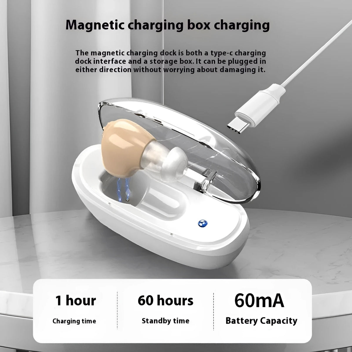 Medical grade noise reduction hearing aid for elderly in skin colour, rechargeable wireless behind-the-ear sound amplifier