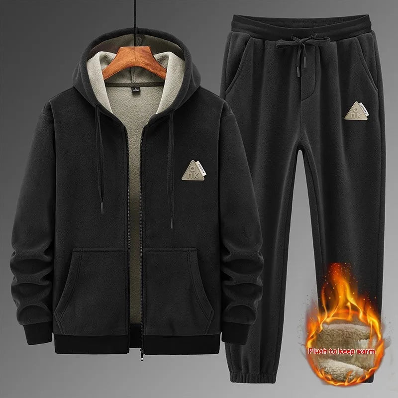 Grey men's hooded sweater and matching cotton blend pants from a casual sports suit set.
