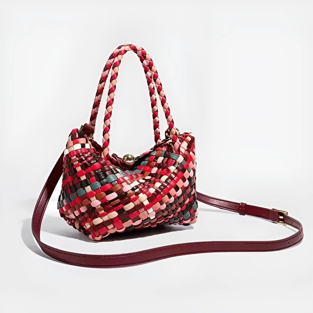 Colourful women's woven shoulder bag made from PU leather with braided texture.