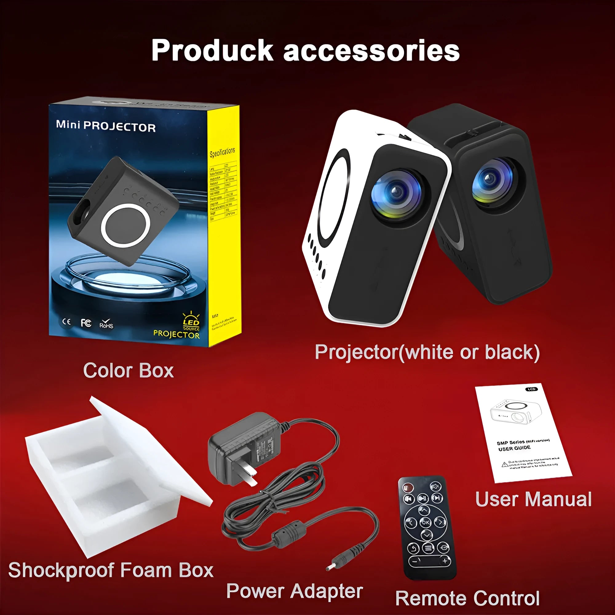 YT300 black or white portable mini projector showing 1080P movie projection on a wall in a dim room.