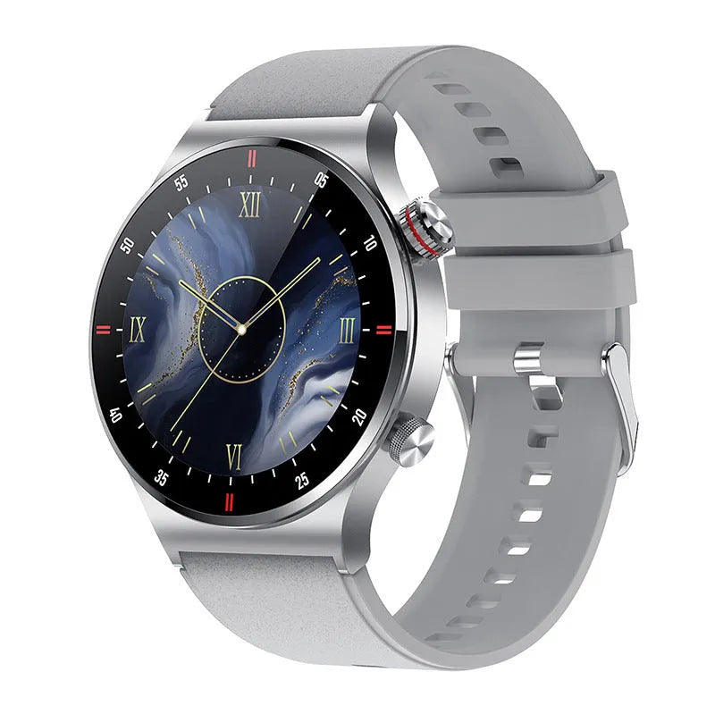 Black smart watch with silicone band and a 1.28-inch screen displaying health metrics.