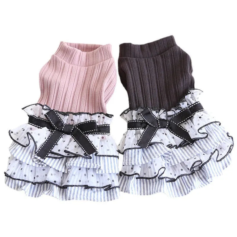 Polka dot lace princess dress for a small dog or cat in charcoal black colour.
