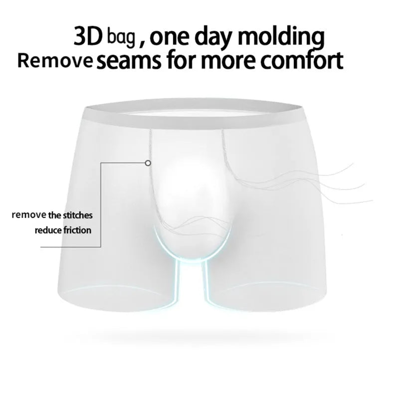 Mens ice silk seamless boxer shorts in black showing 3D pouch and lightweight fabric
