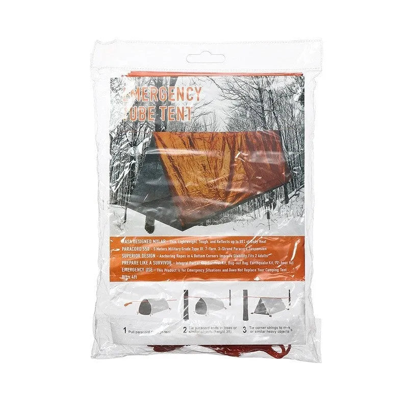 Orange and green emergency tents with sleeping bags and survival whistle for outdoor disaster relief