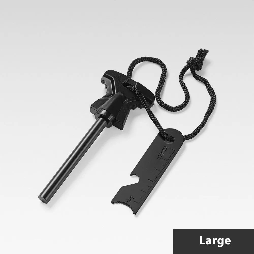 Butterfly-shaped stainless steel fire starter tool with integrated bottle opener.
