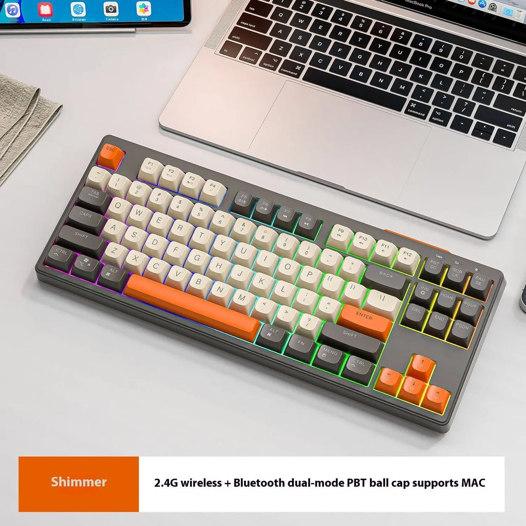 Free Wolf M87 wireless Bluetooth dual mode mechanical feeling keyboard in blueberry colour on desk