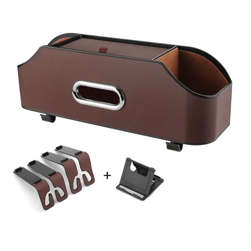 Genuine leather car tissue box holder with water cup storage compartment