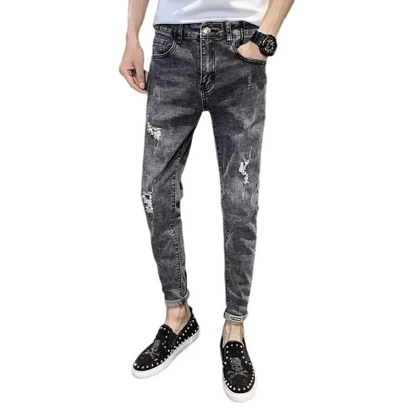 Men's blue denim jeans with high waist, button fly, and straight leg design on hanger