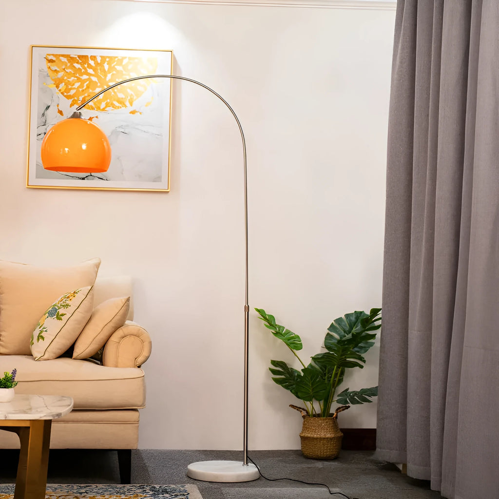 Modern minimalist fishing floor lamp with white acrylic shade on marble base with polished stainless steel pole