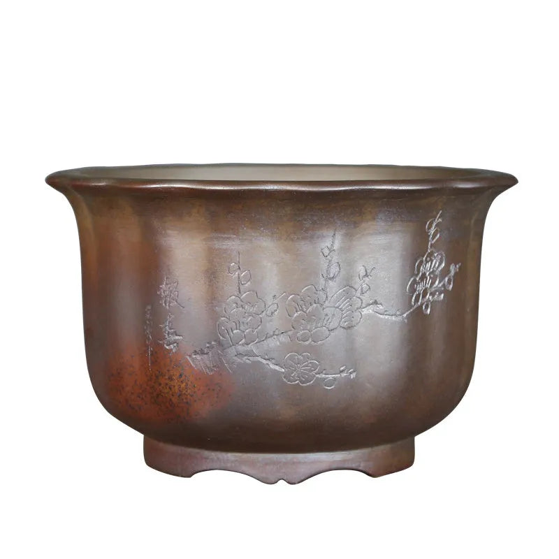 Large purple sand ceramic flowerpot with antique carved wood burning design for indoor bonsai.